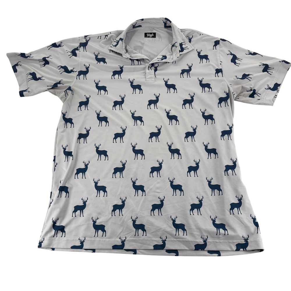 Waggle Golf Polo Shirt 2XL Gray Navy Blue Deer Performance Stretch Short Sleeve